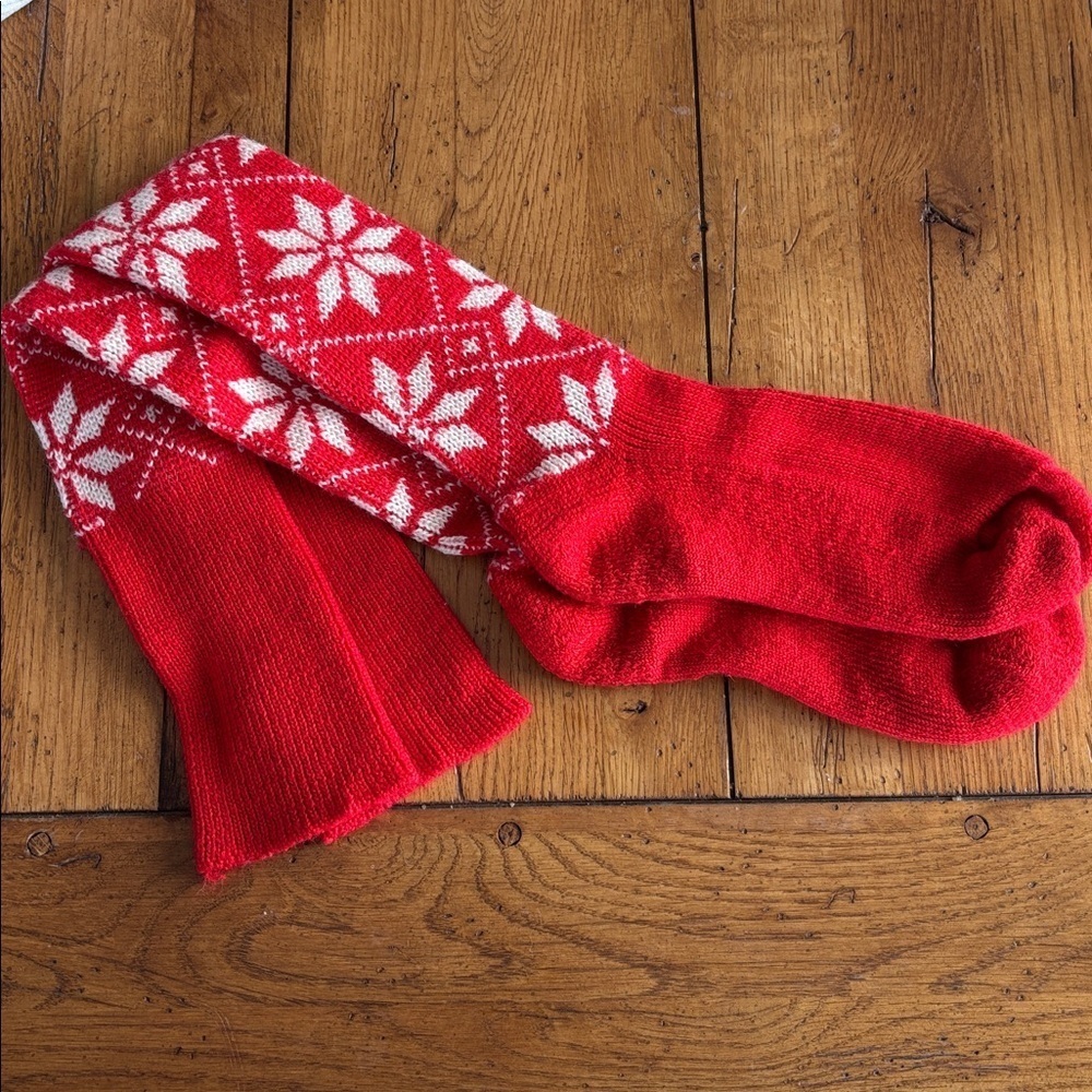 Red and White Snowflake Patterned Knee-High Socks Unisex Stretch Holiday Cabin